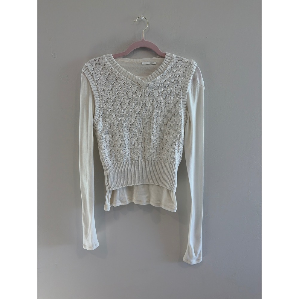 Zara Cream 2-in-1 Pointelle Knit Sweater Vest Long Sleeve Top Womens Medium
